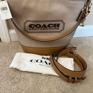 Coach Dakota Bucket Canvas & Leather Shoulder Bag in Khaki and Tan